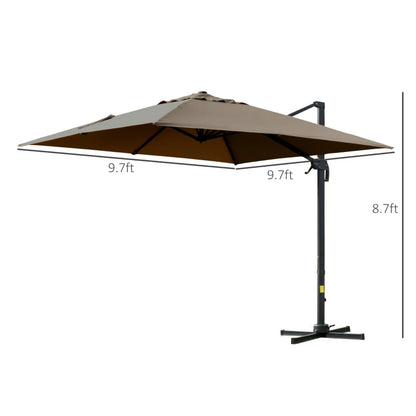 10x10ft Cantilever Umbrella with 4 Adjustable Angle and Rotation, Square Top Market Parasol with Aluminum Pole and Ribs for Backyard Patio Outdoor Area, Coffee