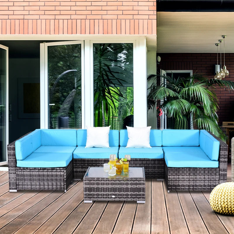 7 Pieces Outdoor Rattan Furniture Set, Patio Wicker Sectional Conversation Sofa Set w/ Cushions & Coffee Table Light Blue