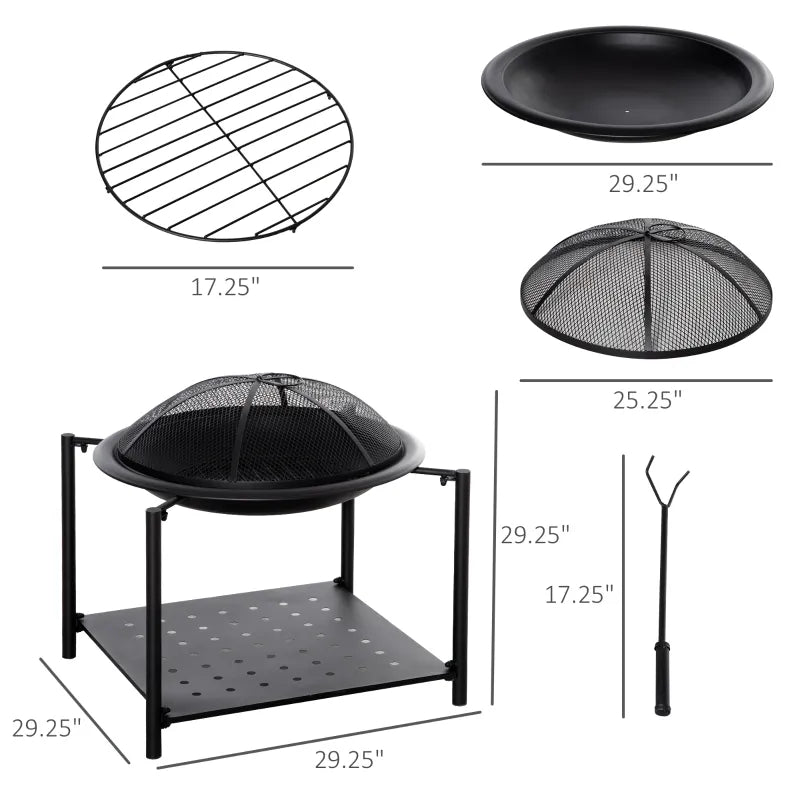 30" Outdoor Fire Pit with Screen Cover and Storage Shelf, Wood Burning Fire Bowl with Poker for Patio, Backyard, Black