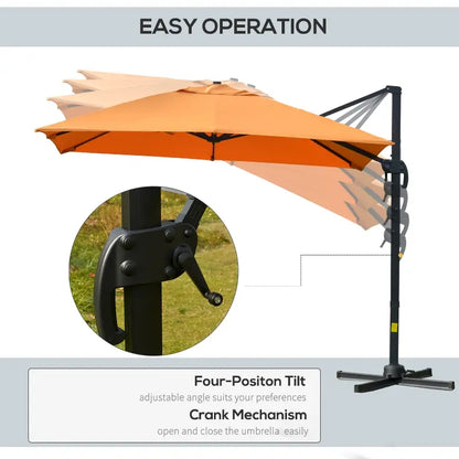 9.8x9.8ft Cantilever Umbrella Rotatable Square Top Market Parasol with 4 Adjustable Angle for Backyard Patio Outdoor Area Orange