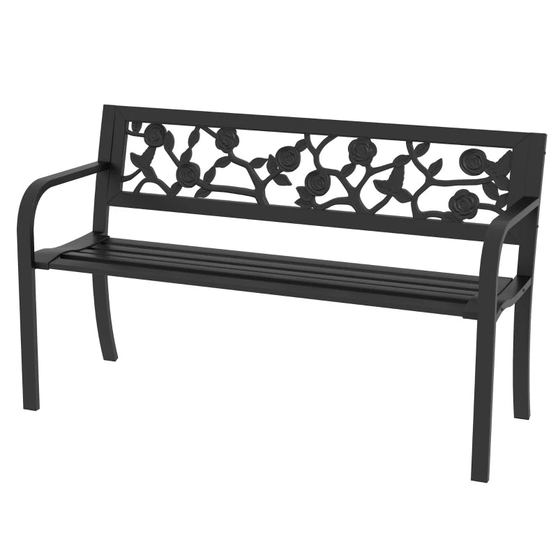 Outdoor Bench, Metal Frame Patio Loveseat with Floral Pattern Backrest, Cured Armrest, for Conservatory, Garden, Poolside, Deck, Black