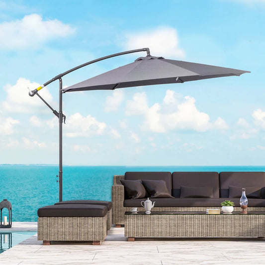 10ft Offset Patio Umbrella with Base, Garden Hanging Parasol with Crank, Banana Cantilever Umbrella Sun Shade, Grey