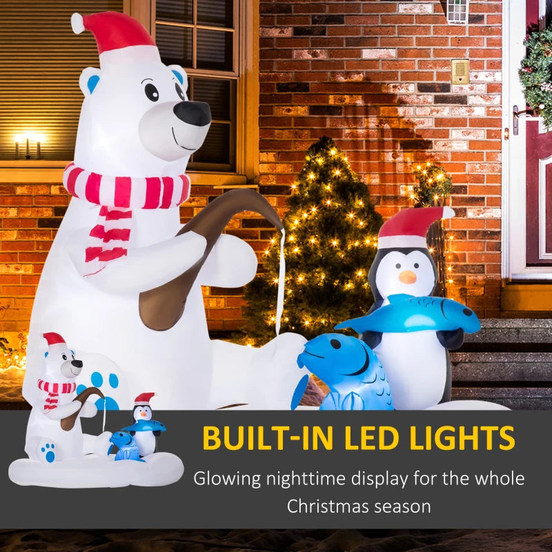 6ft Christmas Inflatable Polar Bear and Penguin with Santa's Hat Fishing on Board, Blow-Up Outdoor LED Yard Display