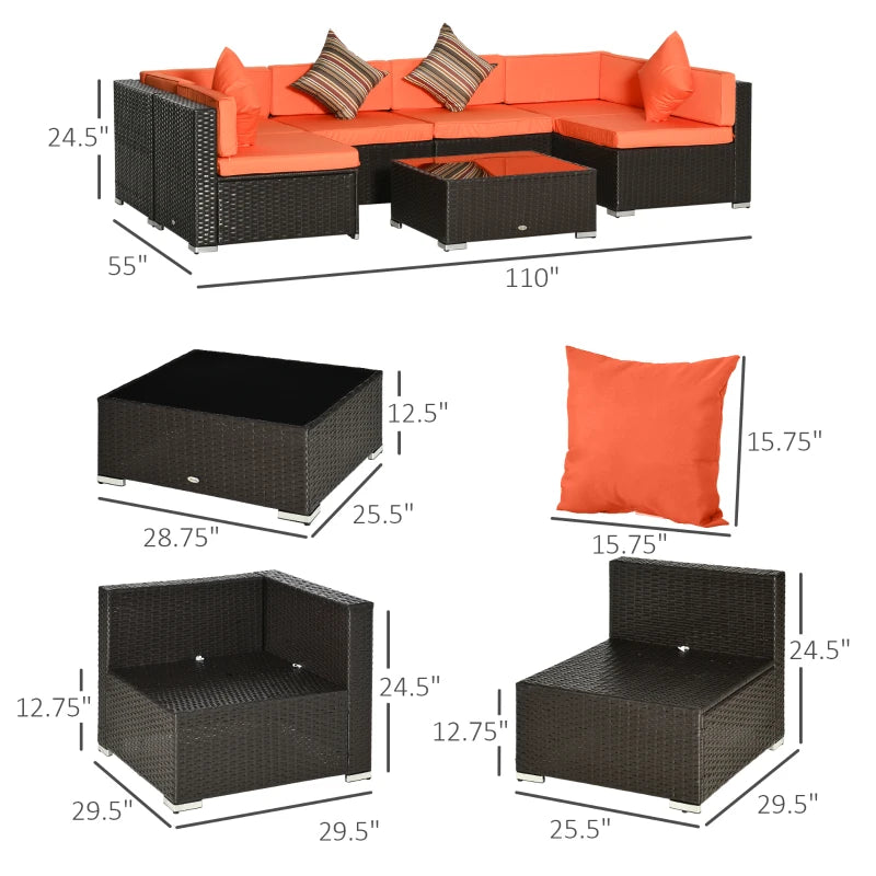 7 Piece Garden Wicker Sectional Set w/ Tea Table Patio Rattan Lounge Sofa with Cushion for Outdoor Deck Orange