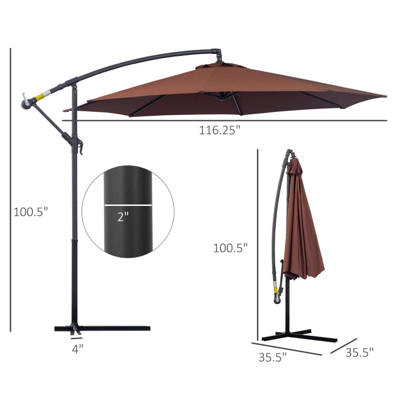 10' Deluxe Patio Umbrella Outdoor Market Parasol Banana Hanging Offset Sunshade Crank Cross Base Coffee