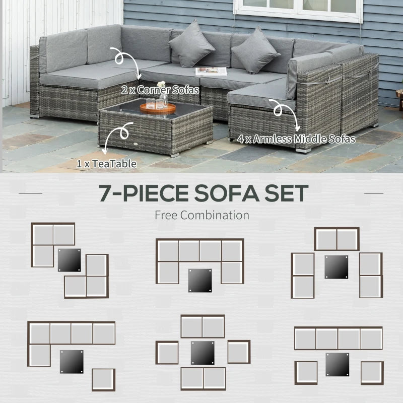 7 Piece Garden Wicker Sectional Set w/ Tea Table Patio Rattan Lounge Sofa Outdoor Deck Furniture Light Grey