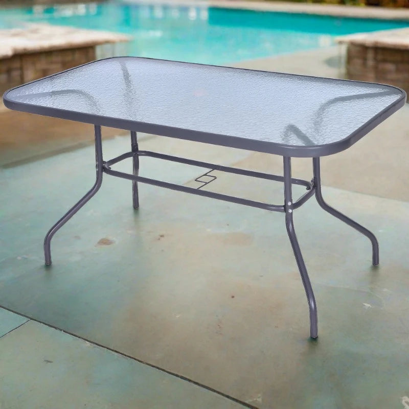 Metal Garden Dining Tables Outdoor Patio w/ Tempered Glass Top, Umbrella Hole, 55" x 31.5"