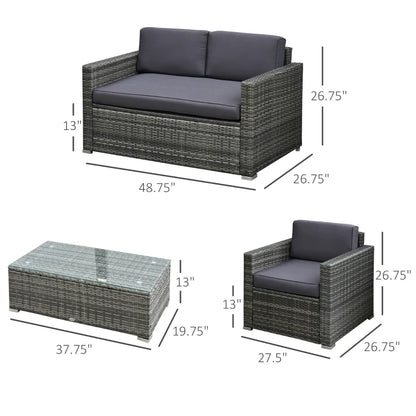 4 Pieces Patio Furniture Set, Rattan Wicker Sofa Deluxe With Cushions, Grey