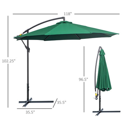 10' Deluxe Patio Umbrella Outdoor Market Parasol Banana Hanging Offset Sunshade Crank Cross Base Dark Green