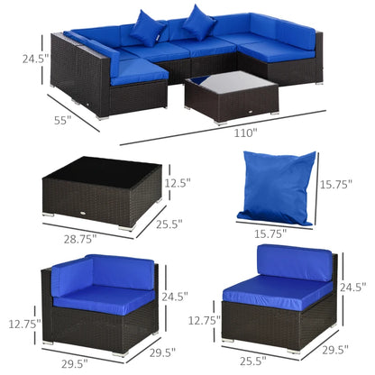 7 Pieces Outdoor Rattan Furniture Set, Patio Wicker Sectional Conversation Sofa Set, Blue