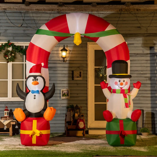 9ft Christmas Inflatable Candy Cane Archway with Penguin Snowman