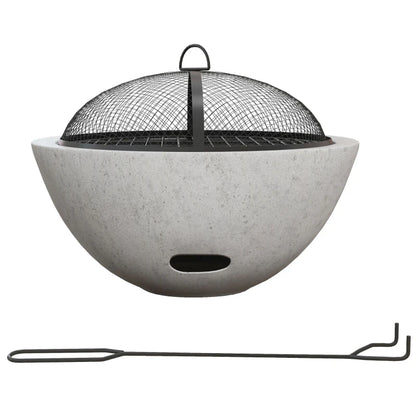 2-in-1 Fire Pit BBQ Charcoal Grill, 24" Wood-burning Firepit with Mesh Lid and Poker, Grey