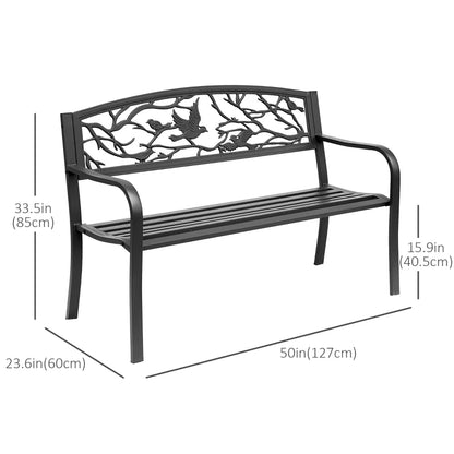 50" Garden Bench Outdoor Loveseat with Vintage Bird Pattern Cast Metal - Black