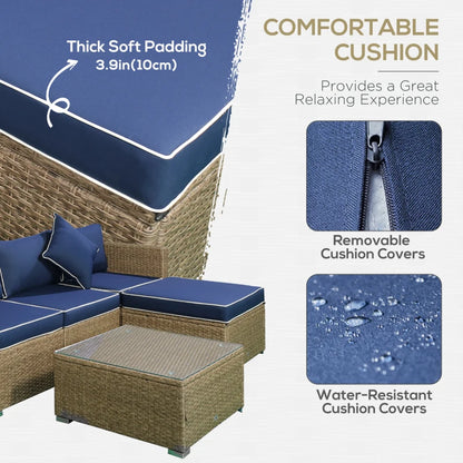 6 Pieces Outdoor PE Rattan Wicker Patio Furniture Sofa Set with Thick Cushions, Deluxe Garden Sectional Couch with Glass Top Table, Yellow and Navy Blue