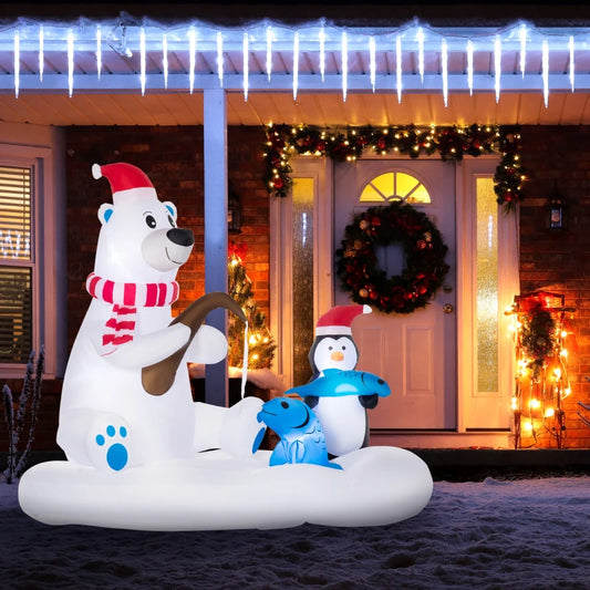 6ft Christmas Inflatable Polar Bear and Penguin with Santa's Hat Fishing on Board, Blow-Up Outdoor LED Yard Display