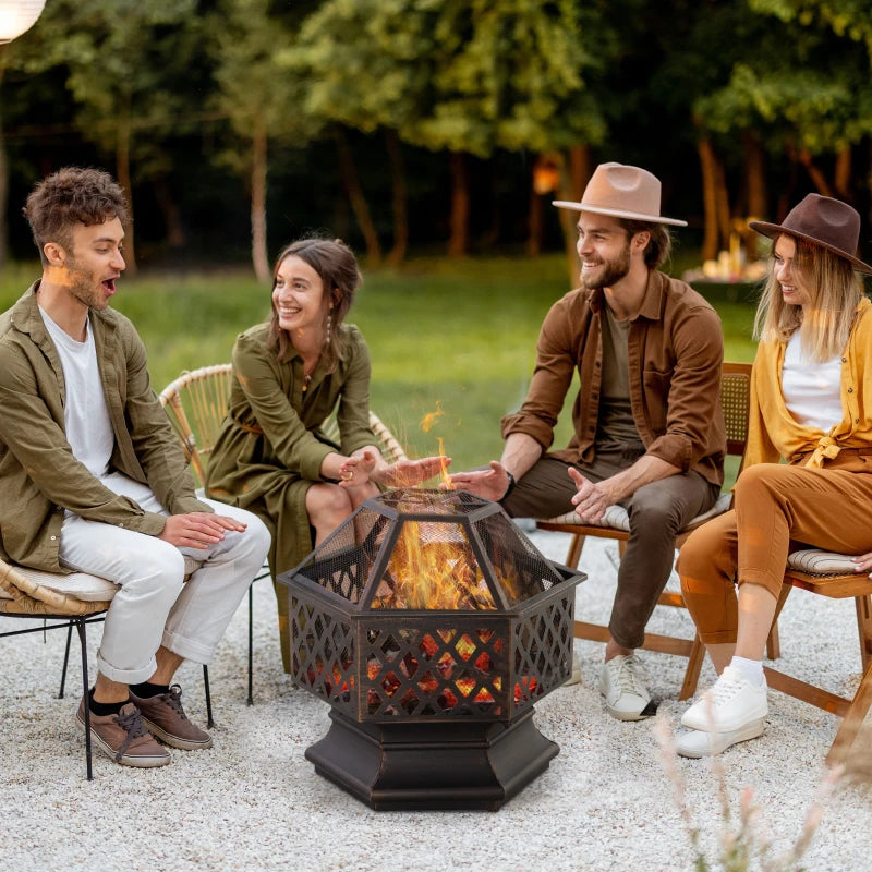 Outdoor Fire Pit with Mesh Lid, Portable Wood Burning Firebowl with Poker for Patio, Backyard, Bronze