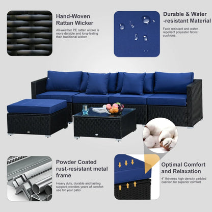 6 Pieces Outdoor PE Rattan Wicker Patio Furniture Sofa Set with Thick Cushions, Deluxe Garden Sectional Couch with Glass Top Table, Black and Dark Blue