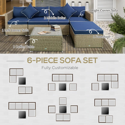 6 Pieces Outdoor PE Rattan Wicker Patio Furniture Sofa Set with Thick Cushions, Deluxe Garden Sectional Couch with Glass Top Table, Yellow and Navy Blue