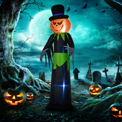 8ft Halloween Inflatable Pumpkin Head Ghost in A Hat, Outdoor Blow-Up Decoration with LED Lights for Yard Display