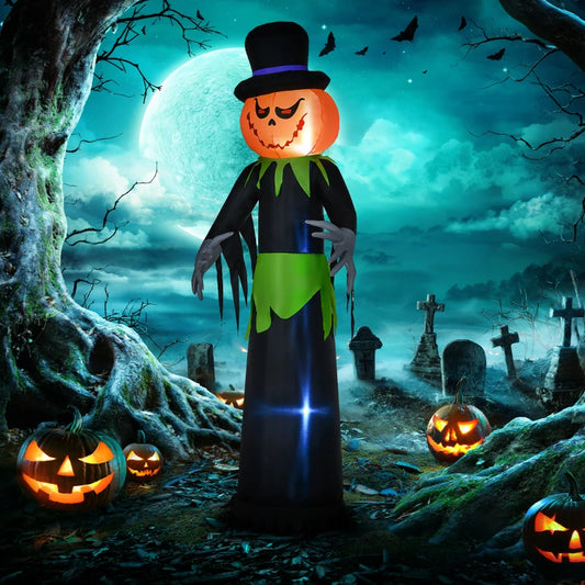 8ft Halloween Inflatable Pumpkin Head Ghost in A Hat, Outdoor Blow-Up Decoration with LED Lights for Yard Display