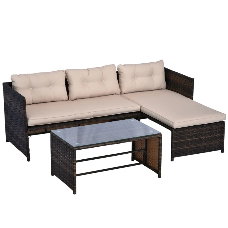 3pcs Outdoor Rattan Wicker Sofa and Chaise Lounge Set with Cushion Garden Patio Furniture Brown and Beige