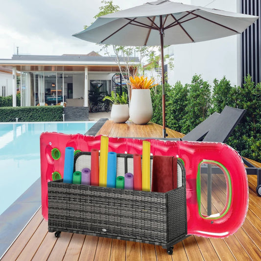 Rolling Pool Storage Rattan Patio Furniture Outdoor Storage Wicker Organizer for Floats, Pool Noodles, Paddles, Balls, Towels, Pool Toys, Accessories,For Patio Poolside Garden Lawn, Grey