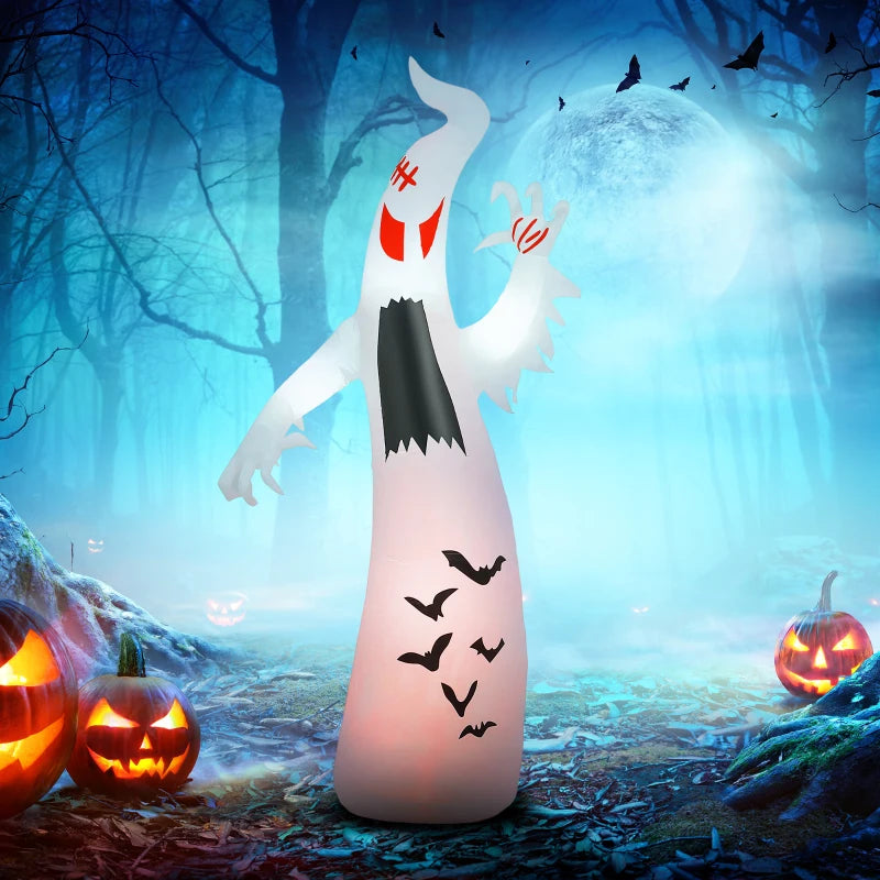 8ft Inflatable Halloween Ghost with Bat Patterns, Outdoor Blow Up Decoration, LED Garden Display