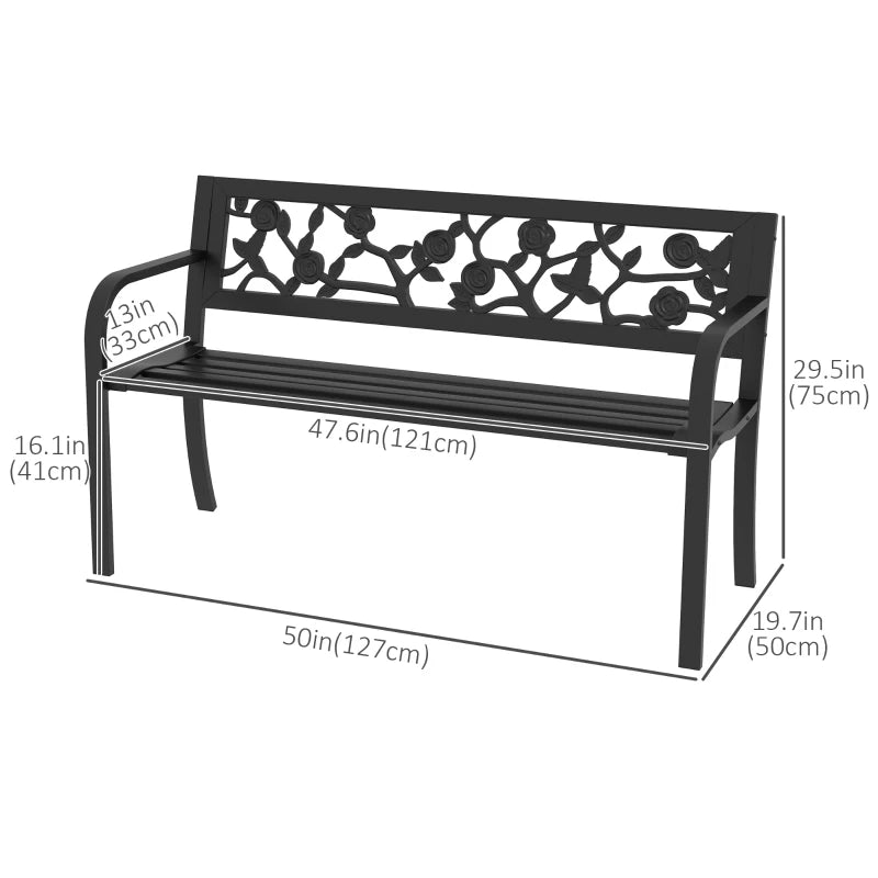 Outdoor Bench, Metal Frame Patio Loveseat with Floral Pattern Backrest, Cured Armrest, for Conservatory, Garden, Poolside, Deck, Black