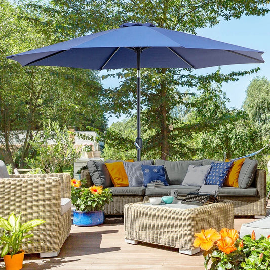 10' x 8' Round Market Umbrella, Patio Umbrella with Crank Handle and Tilt, Outdoor, Blue