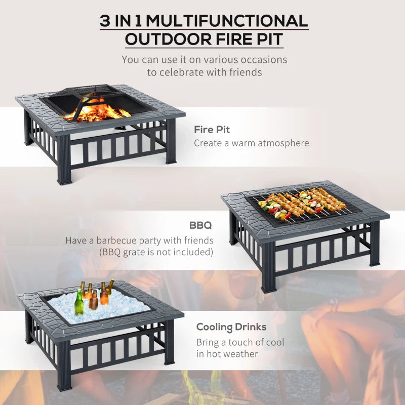 34" Outdoor Square Firepit Steel Stove Portable with Spark Screen Cover Log Grate Poker and Rain Cover for Outside Wood Burning and Camping Black