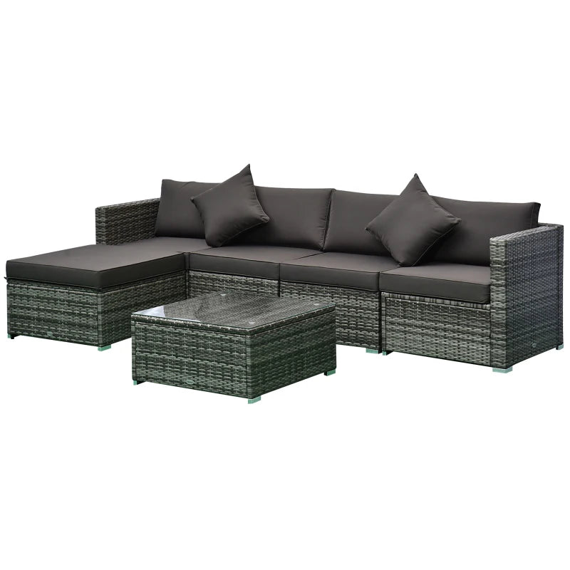 6 Pieces Outdoor PE Rattan Wicker Patio Furniture Sofa Set with Thick Cushions, Deluxe Garden Sectional Couch with Glass Top Table, Mixed Grey and Charcoal