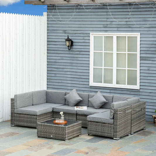 7 Piece Garden Wicker Sectional Set w/ Tea Table Patio Rattan Lounge Sofa Outdoor Deck Furniture Light Grey