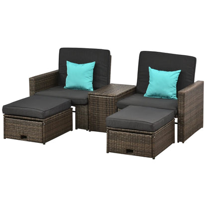 5 Pieces Wicker Patio Furniture Set with Cushions, Outdoor PE Rattan Sofa Set w/ Adjustable Chaise Lounge Chair, Storage Coffee Table, Dark Grey