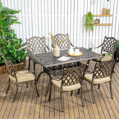 7 Pieces Patio Dining Set with Umbrella Hole, Cast Aluminum Outdoor Patio Furniture Set with 6 Cushioned Chairs and Rectangle Dining Table, for Garden, Lawn, Deck, Khaki