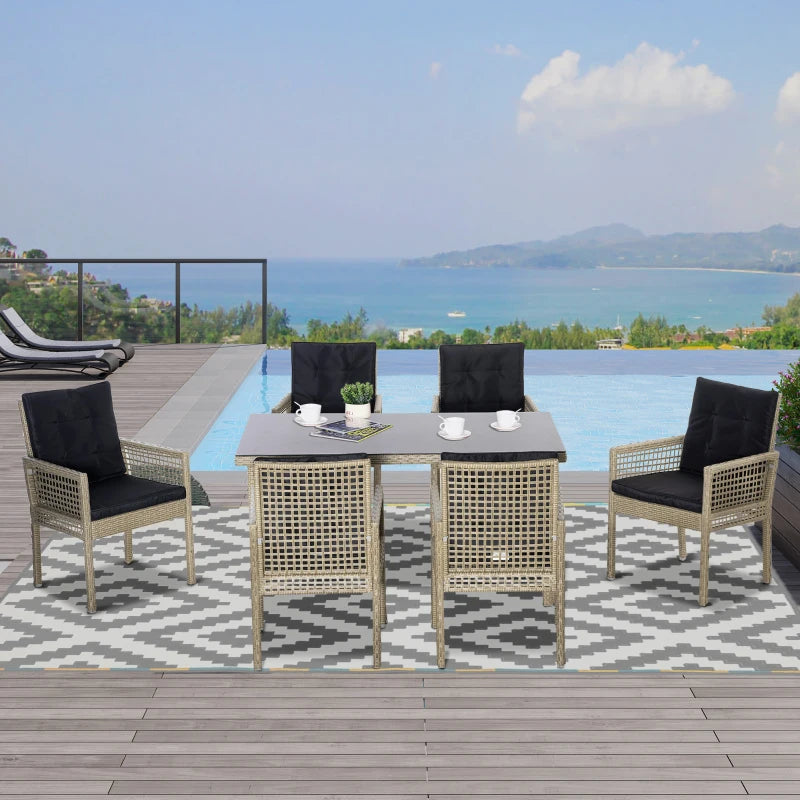 Patio Dining set, Outdoor Furniture Set, Wicker Armrests Chair and Tempered Glass Table Top, Black