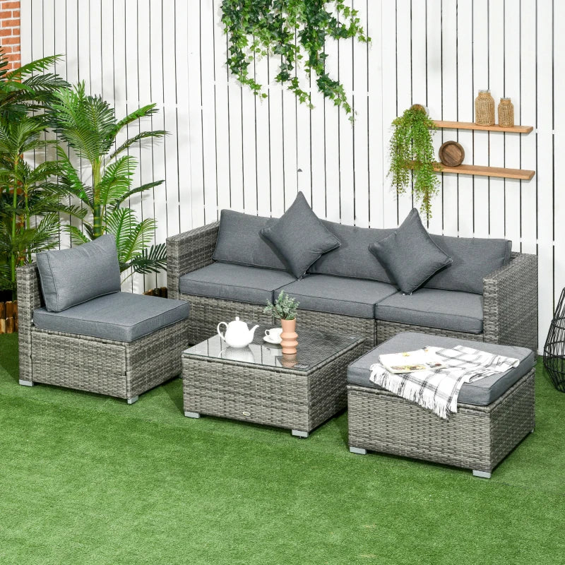 6 Pieces Outdoor PE Rattan Wicker Patio Furniture Sofa Set with Thick Cushions, Deluxe Garden Sectional Couch with Glass Top Table, Mixed Grey and Dark Grey