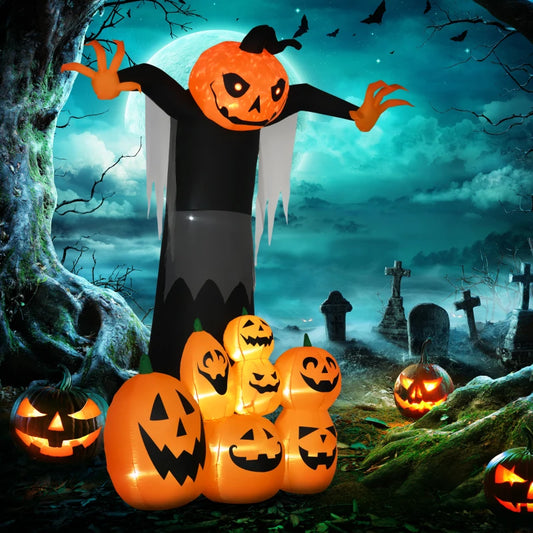 9FT Halloween Inflatables Pumpkin Ghost with Pumpkins, Outdoor Giant Blow Up Yard Decoration with LED Lights