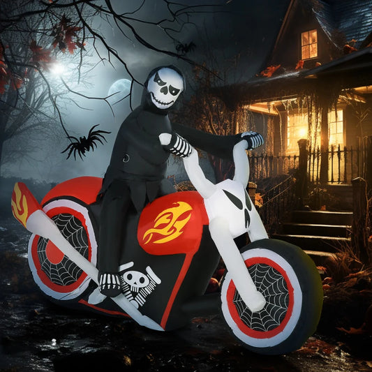 6' Long Halloween Grim Reaper Flaming Motorcycle Outdoor LED Lighted Airblown Inflatable Decoration