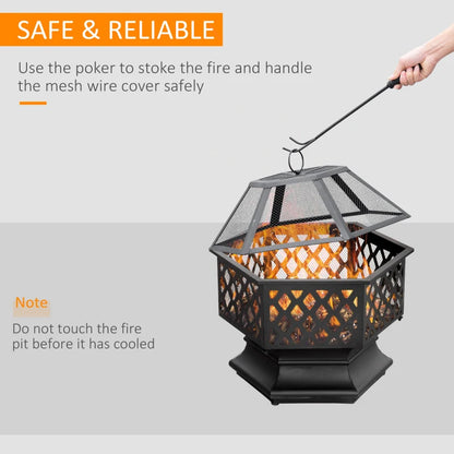 Outdoor Fire Pit with Mesh Lid, Portable Wood Burning Firebowl with Poker for Patio, Backyard, Bronze