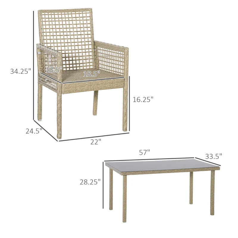 Patio Dining set, Outdoor Furniture Set, Wicker Armrests Chair and Tempered Glass Table Top, Black