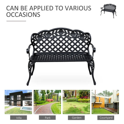 Metal Garden Bench, 2 Seater Outdoor Patio Loveseat with Armrest and Floral Scroll Backrest, 42.1"x22.8"x33.5", Black