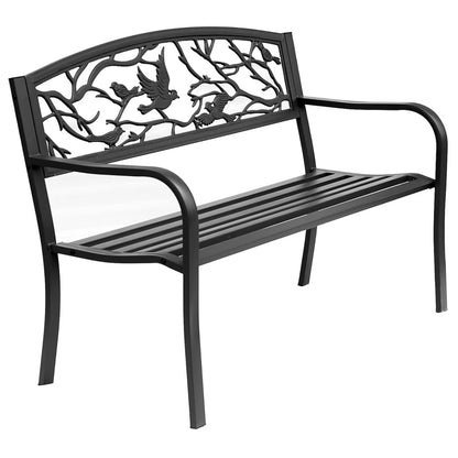 50" Garden Bench Outdoor Loveseat with Vintage Bird Pattern Cast Metal - Black