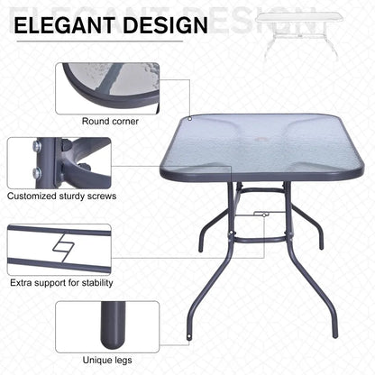 Metal Garden Dining Tables Outdoor Patio w/ Tempered Glass Top, Umbrella Hole, 55" x 31.5"