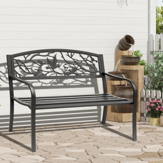 50" Garden Bench Outdoor Loveseat with Vintage Bird Pattern Cast Metal - Black