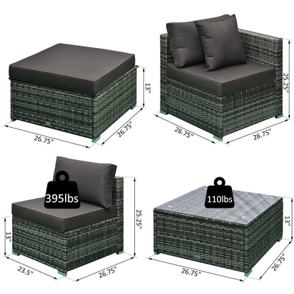 6 Pieces Outdoor PE Rattan Wicker Patio Furniture Sofa Set with Thick Cushions, Deluxe Garden Sectional Couch with Glass Top Table, Mixed Grey and Charcoal