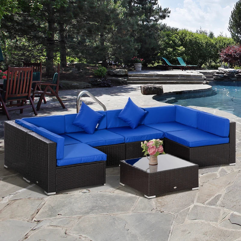 7 Pieces Outdoor Rattan Furniture Set, Patio Wicker Sectional Conversation Sofa Set, Blue