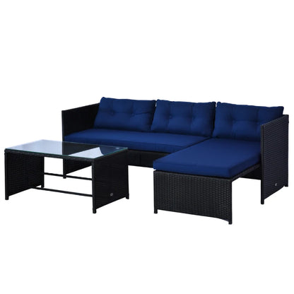 3pcs Outdoor Rattan Wicker Sofa and Chaise Lounge Set with Cushion Garden Patio Furniture Black and Dark Blue