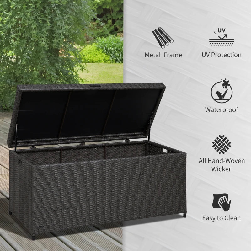 Outdoor Storage Box Wicker Patio Deck Box Bin Rattan Foot Stool w/Steel Frame Large Capacity Rectangle Coffee Table w/Handle