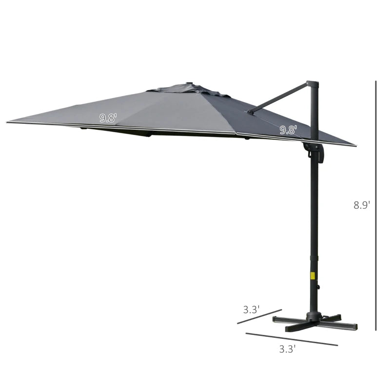 10x10ft Cantilever Umbrella Rotatable Square Top Market Parasol with 4 Adjustable Angle for Backyard Patio Outdoor Area, Grey