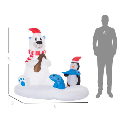 6ft Christmas Inflatable Polar Bear and Penguin with Santa's Hat Fishing on Board, Blow-Up Outdoor LED Yard Display